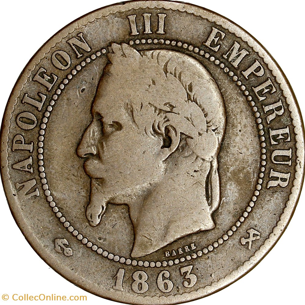 Dix centimes, tête laurée, Napoléon III, 1863, Bordeaux monnaies monde france dix centimes tete lauree napoleon iii 1863 bordeaux