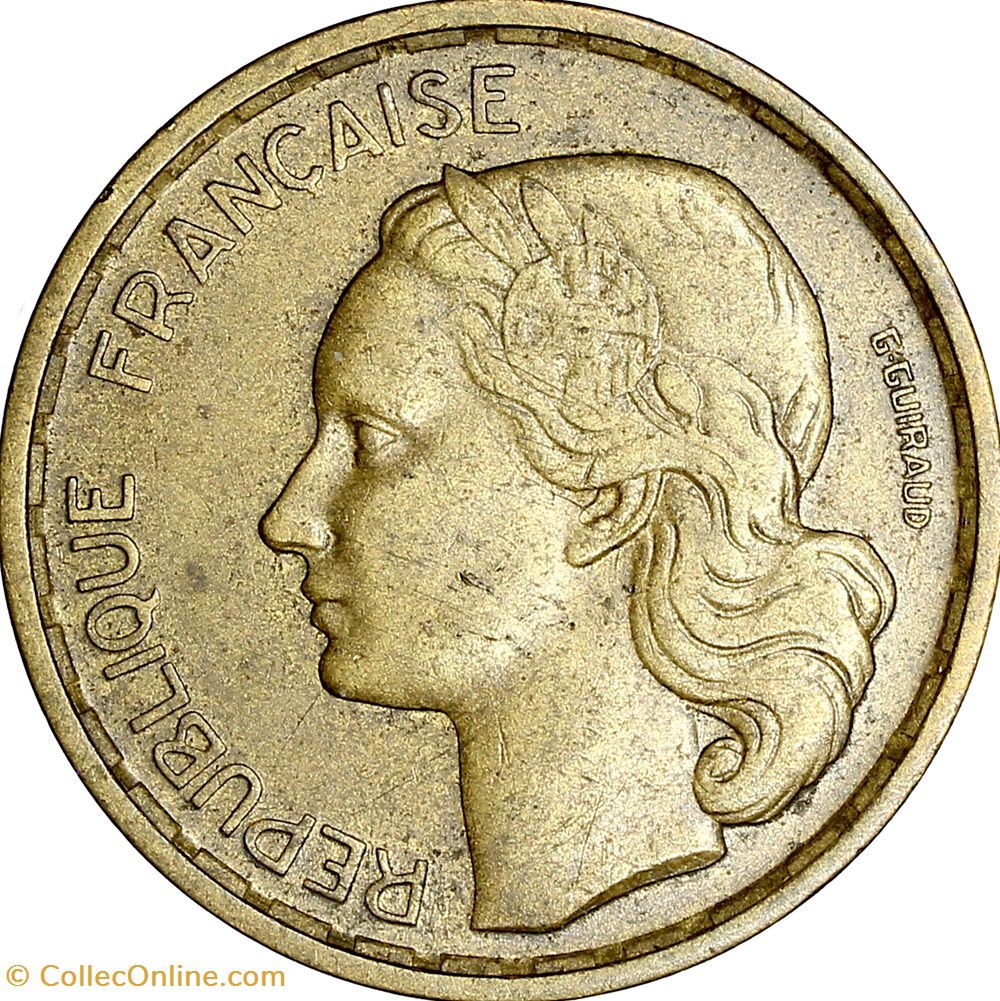 20 francs G. Guiraud, IVe République, 1950, Beaumont-le-Roger, 3 faucilles monnaies monde france 20 francs g guiraud ive republique 1950 beaumont le roger 3 faucilles