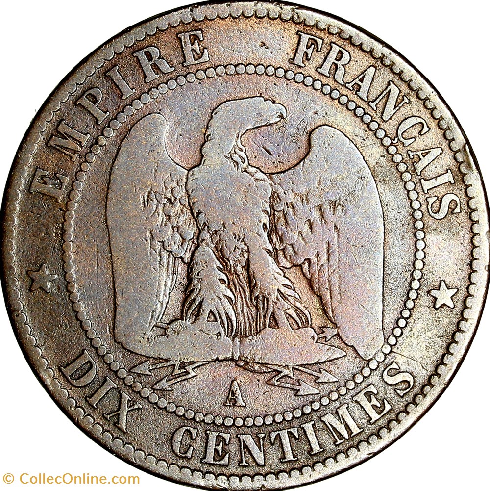 Dix centimes, tête nue, Napoléon III, 1853, Paris monnaies monde france dix centimes tete nue napoleon iii 1853 paris
