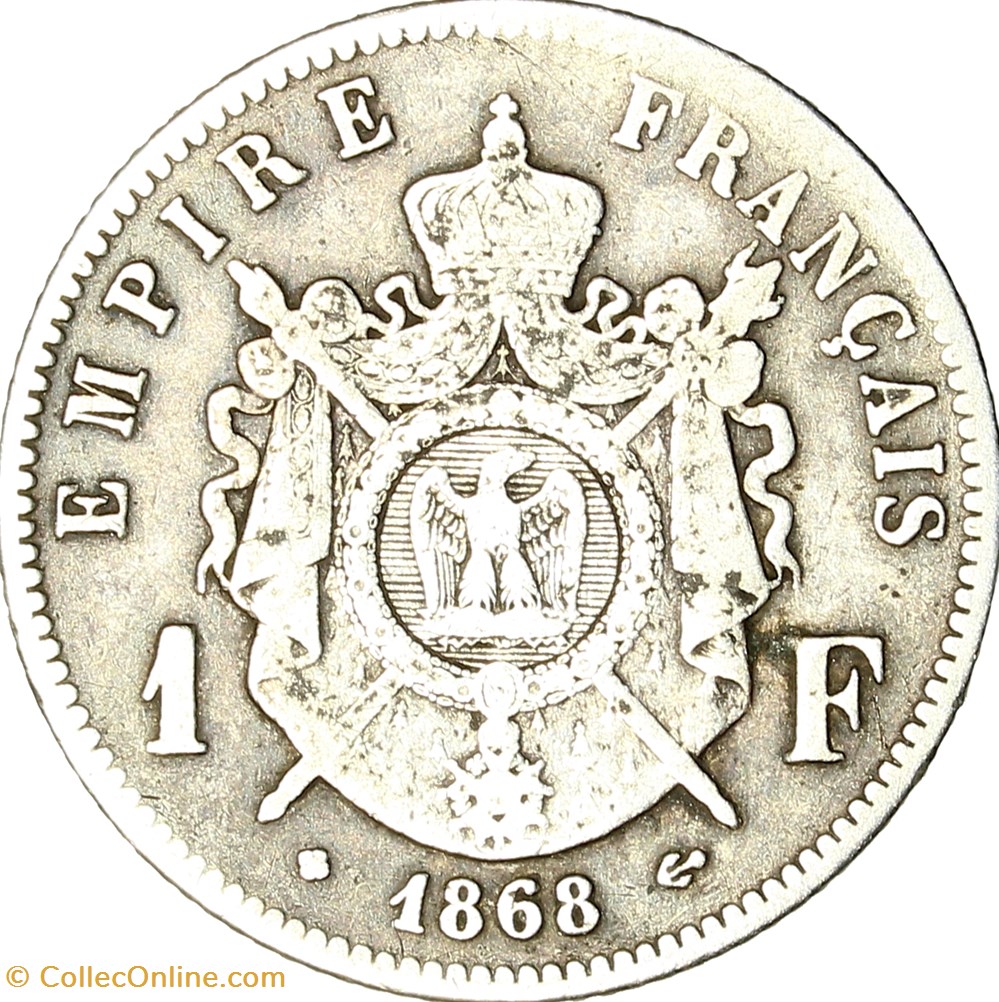 1 franc, tête laurée, Napoléon III, 1868, Strasbourg monnaies monde france 1 franc tete lauree napoleon iii 1868 strasbourg