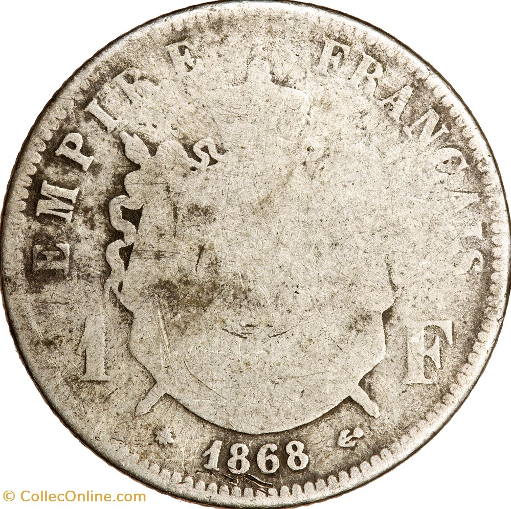 1 franc, tête laurée, Napoléon III, 1868, Paris monnaies monde france 1 franc tete lauree napoleon iii 1868 paris