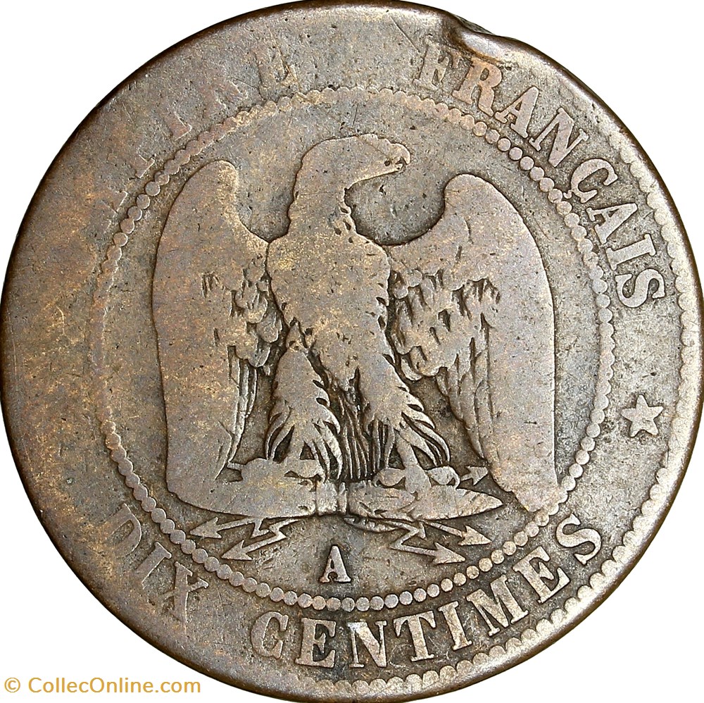 Dix centimes, tête laurée, Napoléon III, 1862, Paris monnaies monde france dix centimes tete lauree napoleon iii 1862 paris