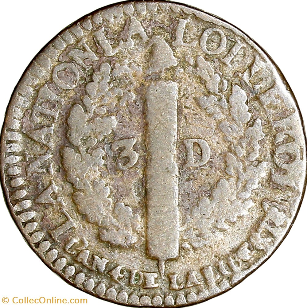3 deniers au faisceau, type François, Louis XVI, 1792, an 4, Lyon monnaies monde france 3 deniers au faisceau type francois louis xvi 1792 an 4 lyon