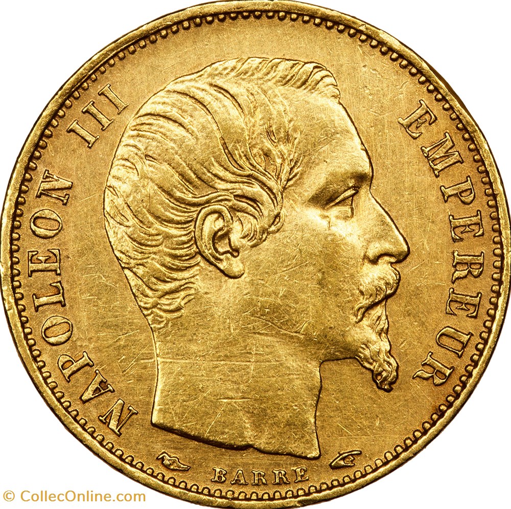 5 francs or, tête nue, petit module, tranche lisse, Napoléon III, 1854, Paris monnaies monde france 5 francs or tete nue petit module tranche lisse napoleon iii 1854 paris