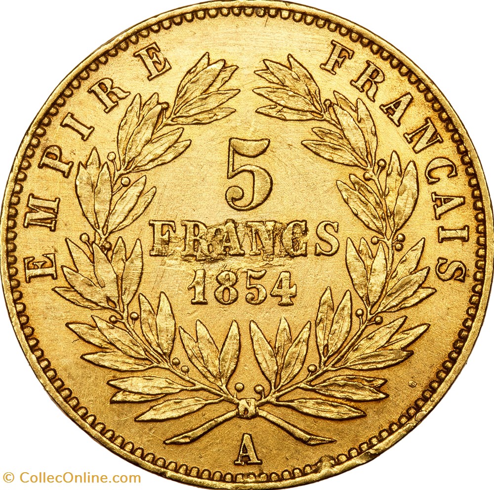 5 francs or, tête nue, petit module, tranche lisse, Napoléon III, 1854, Paris monnaies monde france 5 francs or tete nue petit module tranche lisse napoleon iii 1854 paris