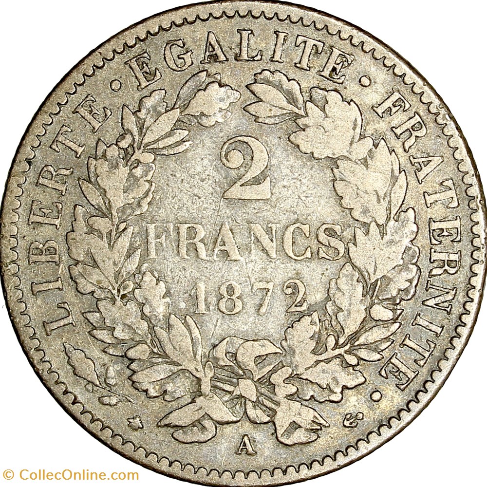 2 francs Cérès, avec légende, IIIe République, 1872, Paris monnaies monde france 2 francs ceres avec legende iiie republique 1872 paris
