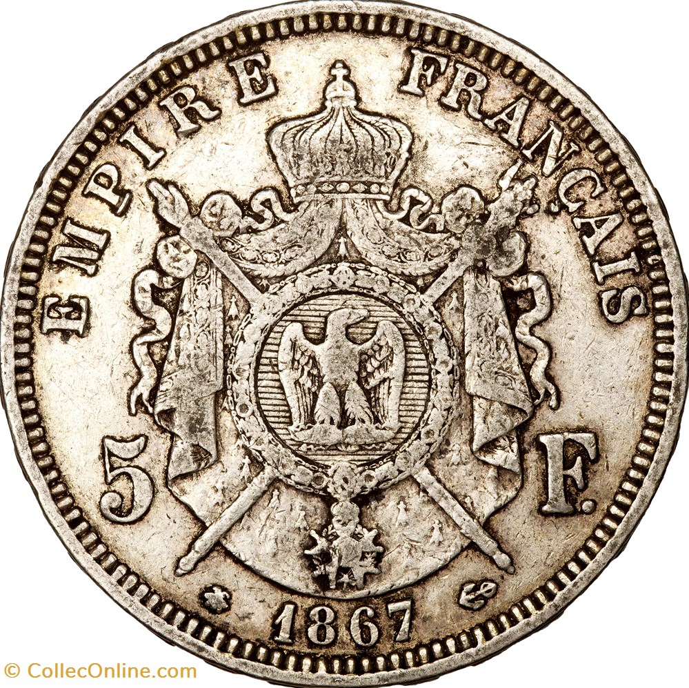5 francs, tête laurée, Napoléon III, 1867, Paris monnaies monde france 5 francs tete lauree napoleon iii 1867 paris