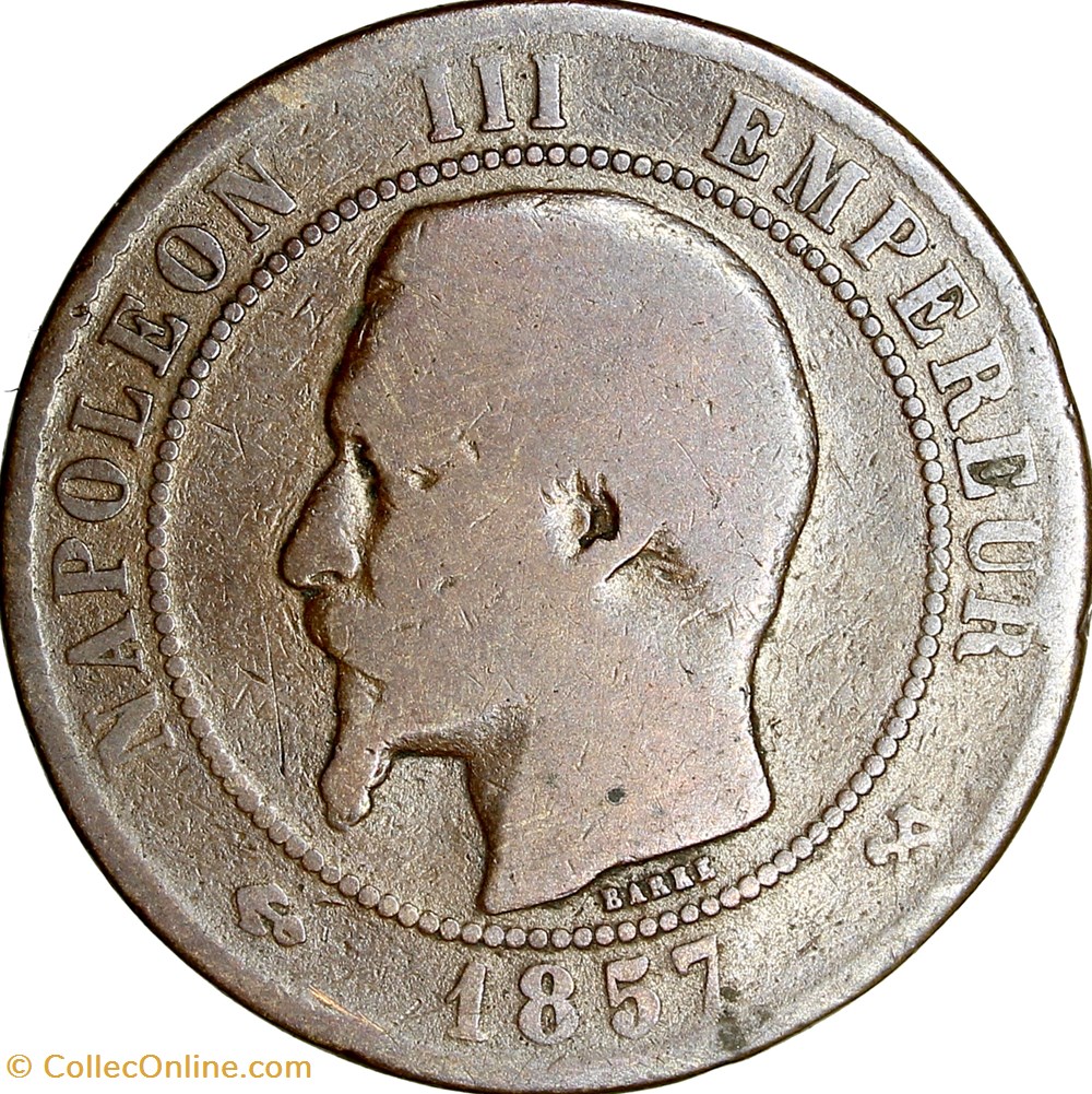 Dix centimes, tête nue, Napoléon III, 1857, Rouen monnaies monde france dix centimes tete nue napoleon iii 1857 rouen