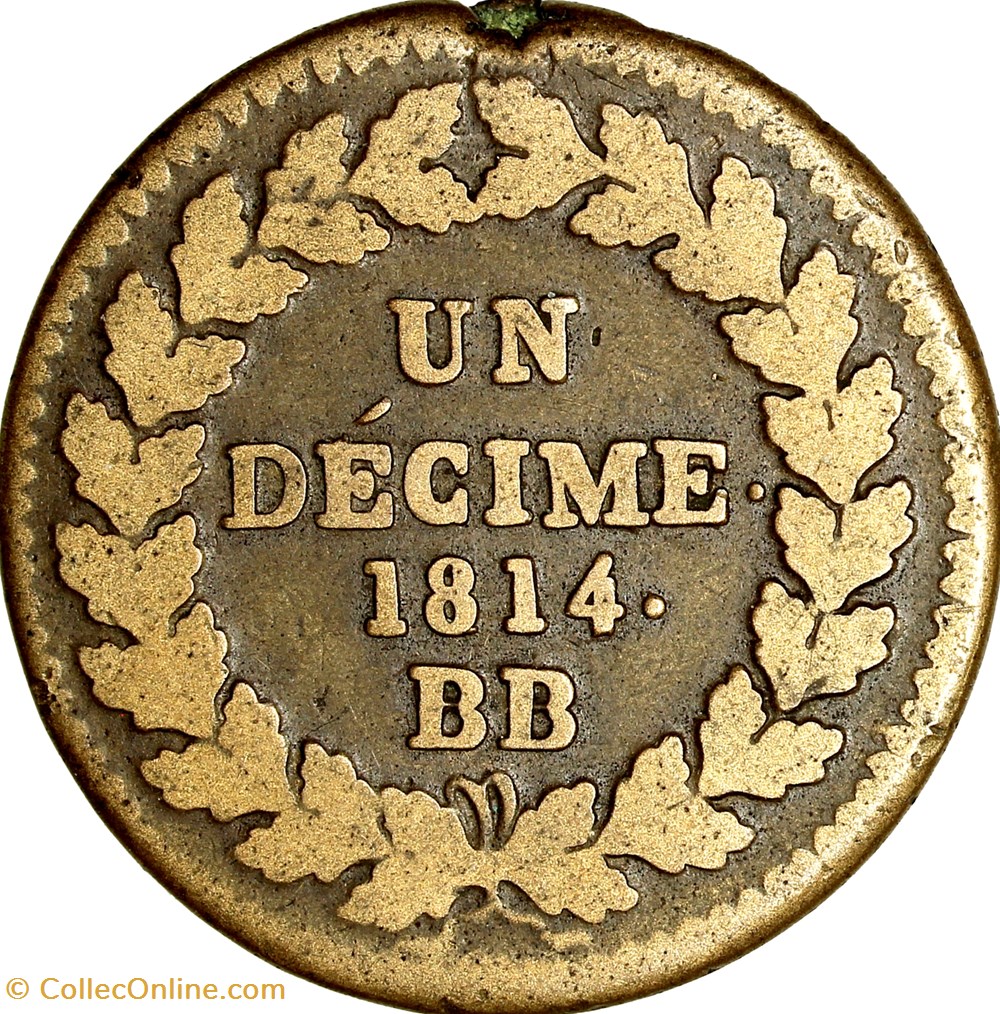 Un décime à l'L couronnée, Louis XVIII, 1814••, Strasbourg monnaies monde france un decime a l couronnee louis xviii 1814 strasbourg