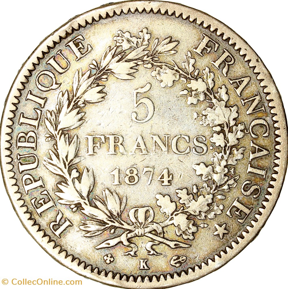 5 francs Hercule, IIIe République, 1874, Bordeaux monnaies monde france 5 francs hercule iiie republique 1874 bordeaux