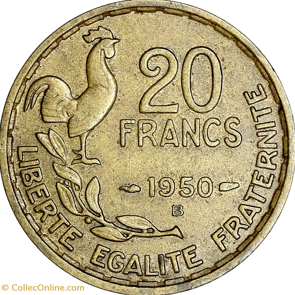 20 francs G. Guiraud, IVe République, 1950, Beaumont-le-Roger, 3 faucilles monnaies monde france 20 francs g guiraud ive republique 1950 beaumont le roger 3 faucilles