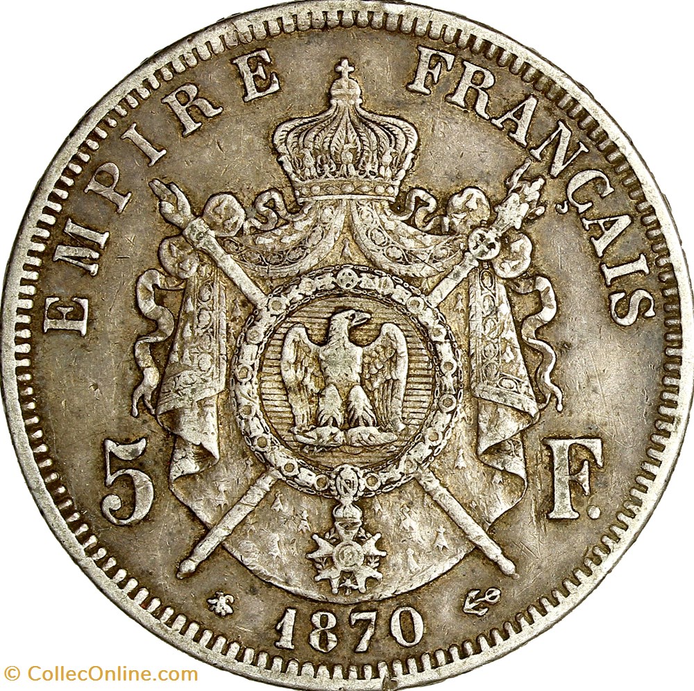 5 francs, tête laurée, Napoléon III, 1870, Paris monnaies monde france 5 francs tete lauree napoleon iii 1870 paris