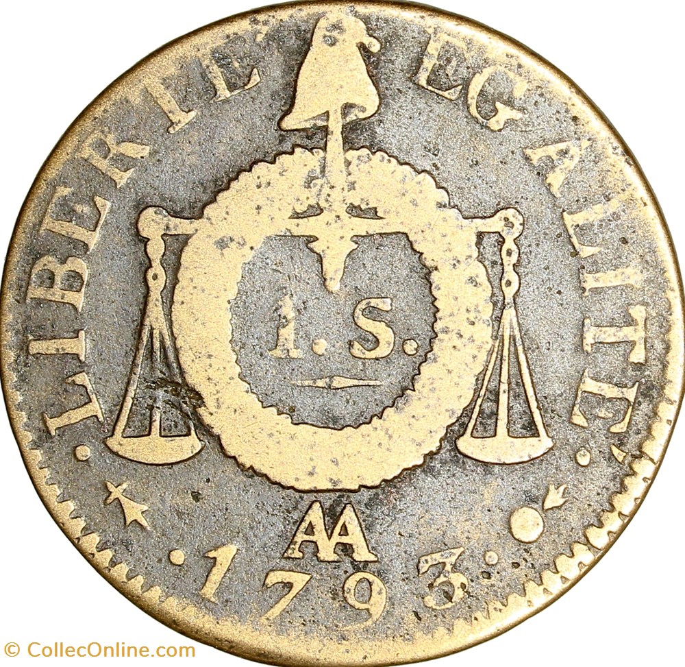 Sol à la table de la loi, daté, la Convention, 1793, an II, Metz monnaies monde france sol a la table de la loi date la convention 1793 an ii metz