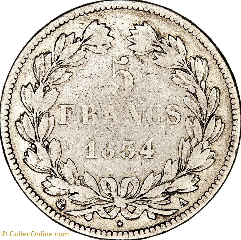 5 francs, 2e type Domard, Louis-Philippe Ier, 1834, Paris monnaies monde france 5 francs 2e type domard louis philippe ier 1834 paris