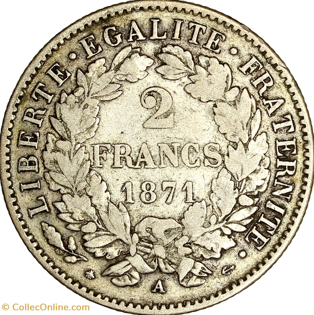 2 francs Cérès, avec légende, IIIe République, 1871, grand A, Paris monnaies monde france 2 francs ceres avec legende iiie republique 1871 grand a paris