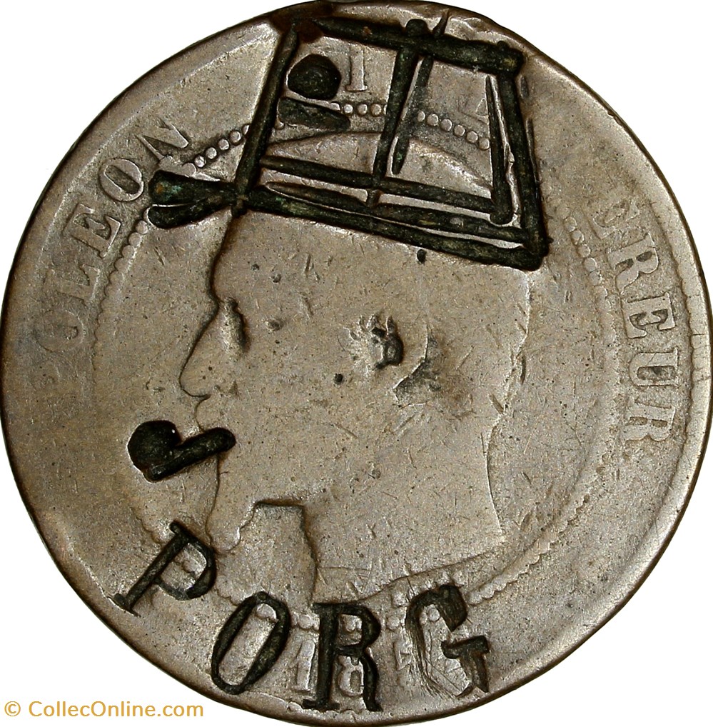 Dix centimes, tête nue, Napoléon III, 1854, Strasbourg, contremarque et regravure satirique monnaies monde france dix centimes tete nue napoleon iii 1854 strasbourg contremarque et regravure satirique