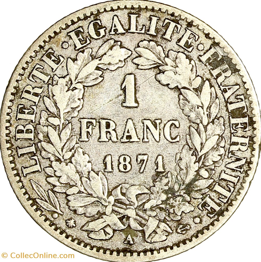 1 franc Cérès, IIIe République, 1871, petit A, Paris monnaies monde france 1 franc ceres iiie republique 1871 petit a paris