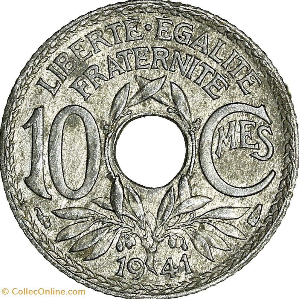 monnaies monde france 10 centimes lindauer zinc etat francais 1941 cmes non souligne