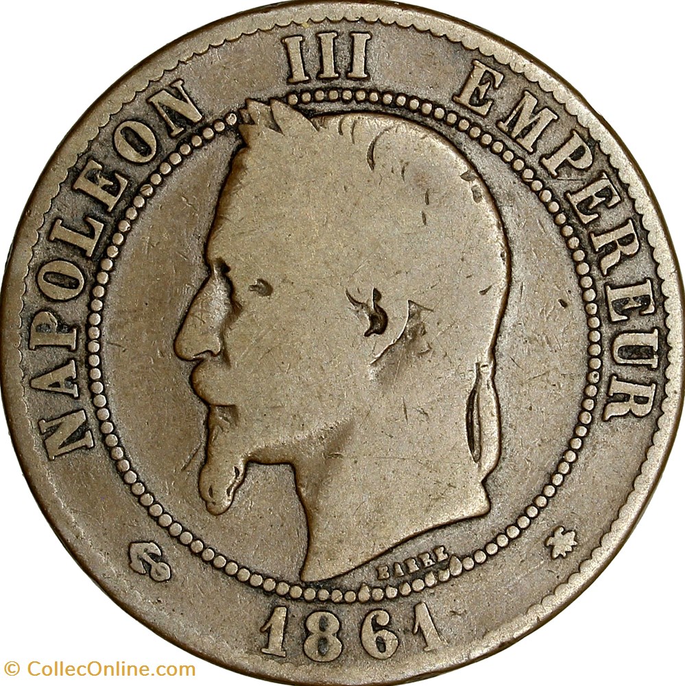 Dix centimes, tête laurée, Napoléon III, 1861, Paris monnaies monde france dix centimes tete lauree napoleon iii 1861 paris