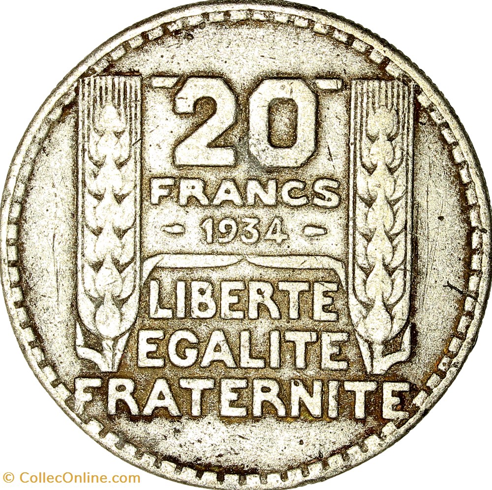 20 francs Turin, IIIe République, 1934, faux d'époque monnaies france modernes 20 francs turin iiie republique 1934 faux epoque