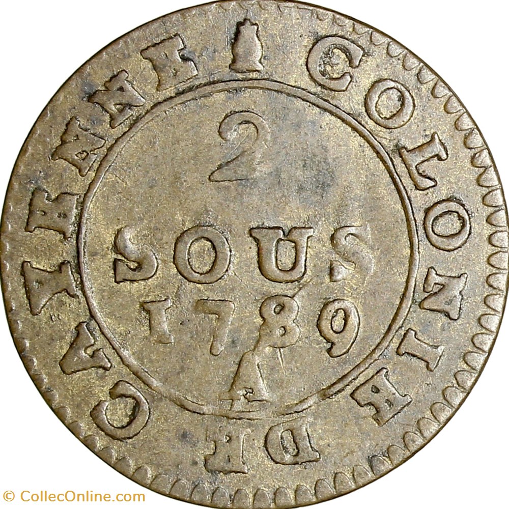 2 sous de Cayenne, Louis XVI, 1789, Paris monnaies europe medievale france royales 2 sous de cayenne louis xvi 1789 paris