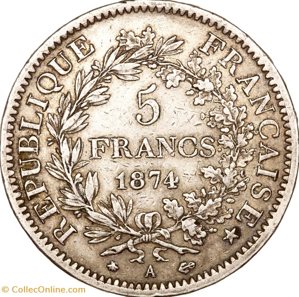 5 francs Hercule, IIIe République, 1874, Paris monnaies monde france 5 francs hercule iiie republique 1874 paris