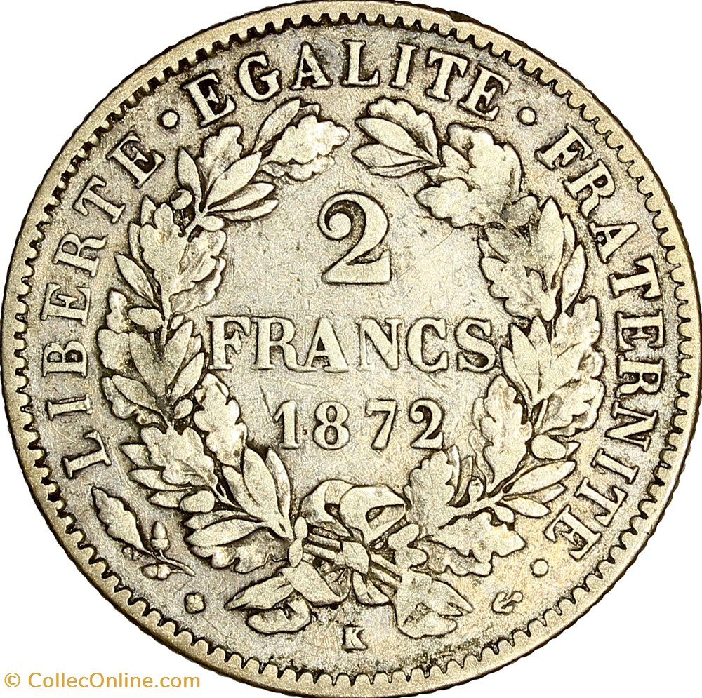 2 francs Cérès, avec légende, IIIe République, 1872, Bordeaux monnaies monde france 2 francs ceres avec legende iiie republique 1872 bordeaux