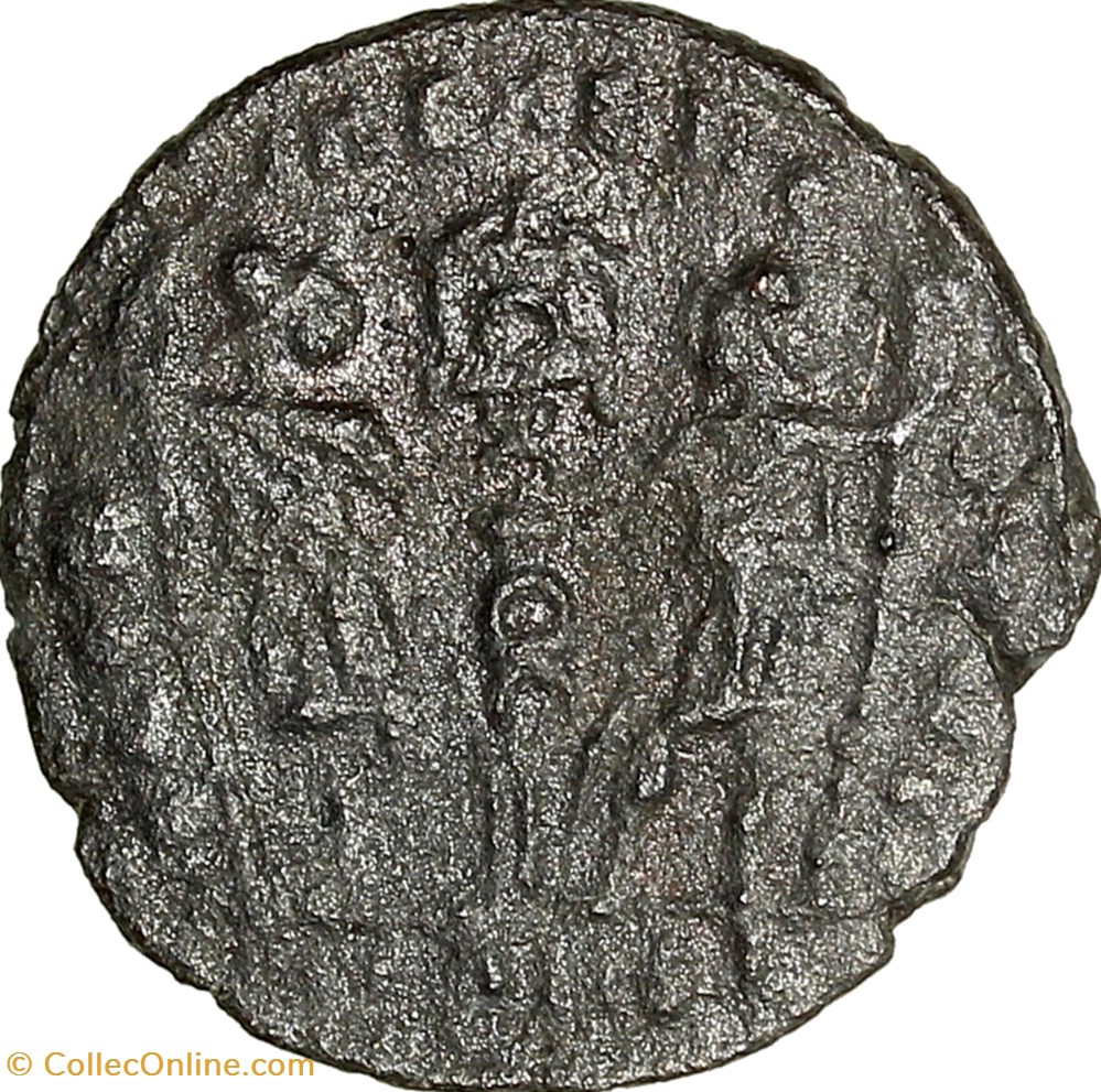 Centenionalis de Delmace, Gloria Exercitus 1 enseigne, 336-337, Constantinople monnaies antiques romaines imperiales et republicaines centenionalis de delmace gloria exercitus 1 enseigne 336 337 constantinople