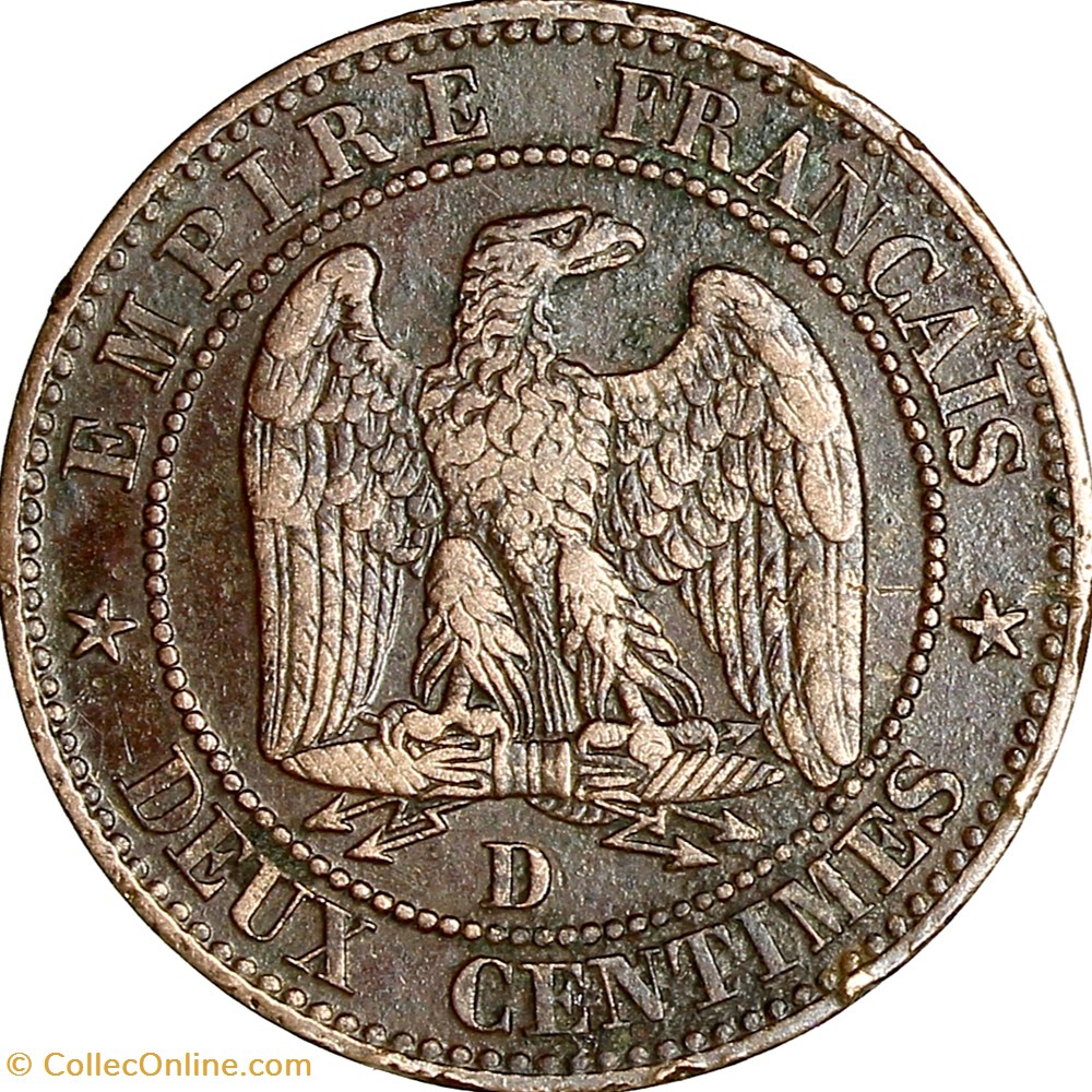 Deux centimes, tête nue, Napoléon III, 1855, ancre, petit lion, grand D, Lyon monnaies monde france deux centimes tete nue napoleon iii 1855 ancre petit lion grand d lyon