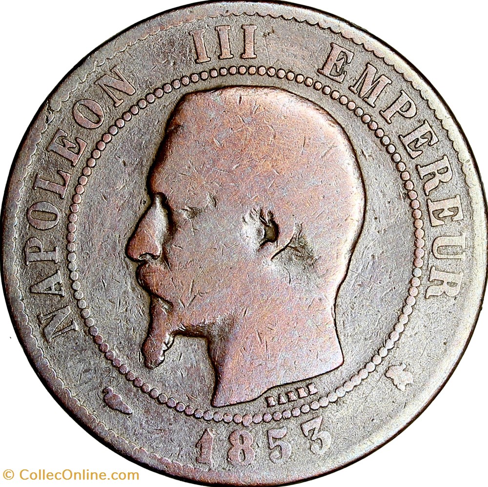Dix centimes, tête nue, Napoléon III, 1853, feuille verticale, Bordeaux monnaies monde france dix centimes tete nue napoleon iii 1853 feuille verticale bordeaux