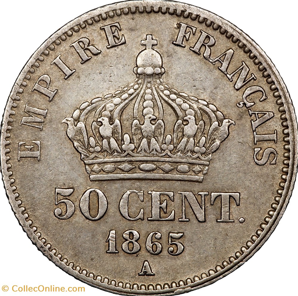 50 centimes, tête laurée, Napoléon III, 1865, différent décalé, Paris monnaies monde france 50 centimes tete lauree napoleon iii 1865 different decale paris
