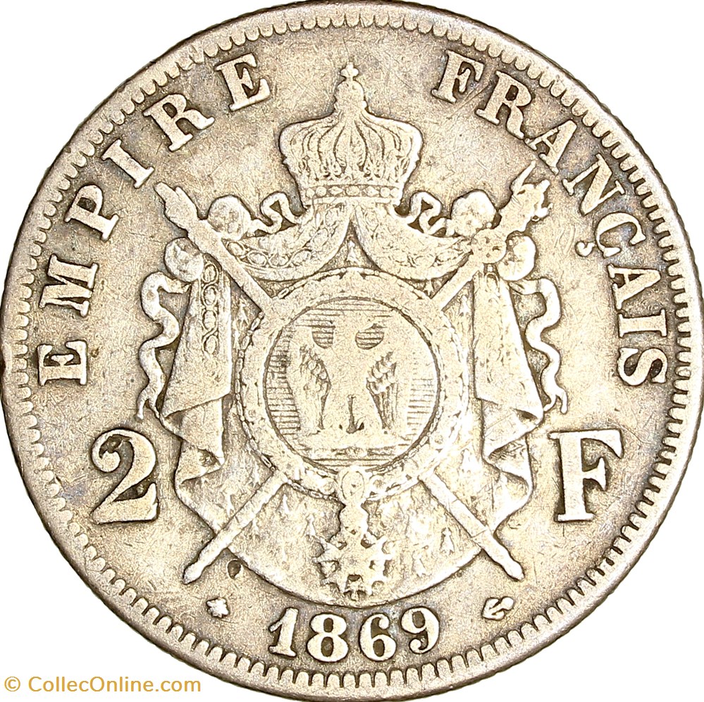 2 francs, tête laurée, Napoléon III, 1869, Paris monnaies monde france 2 francs tete lauree napoleon iii 1869 paris