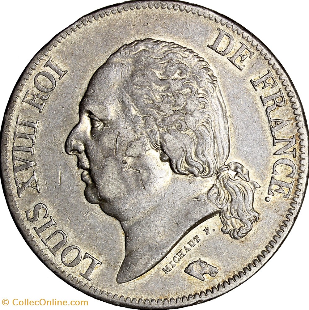 monnaies monde france 5 francs tete nue louis xviii 1823 paris