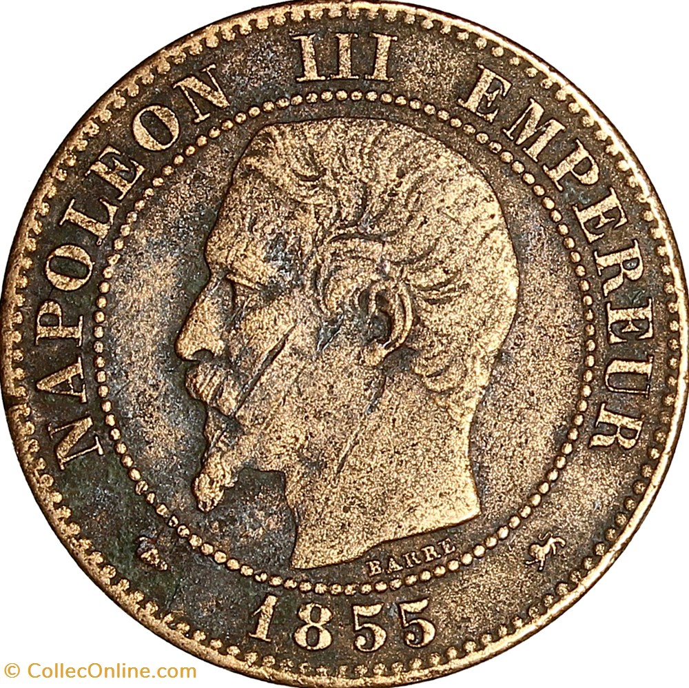 Deux centimes, tête nue, Napoléon III, 1855, chien, petit lion, petit D, Lyon monnaies monde france deux centimes tete nue napoleon iii 1855 chien petit lion petit d lyon
