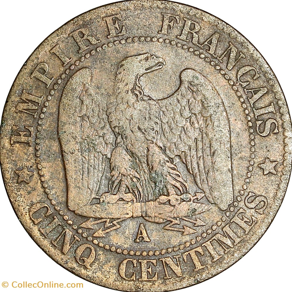 Cinq centimes, tête laurée, Napoléon III, 1861, Paris monnaies monde france cinq centimes tete lauree napoleon iii 1861 paris