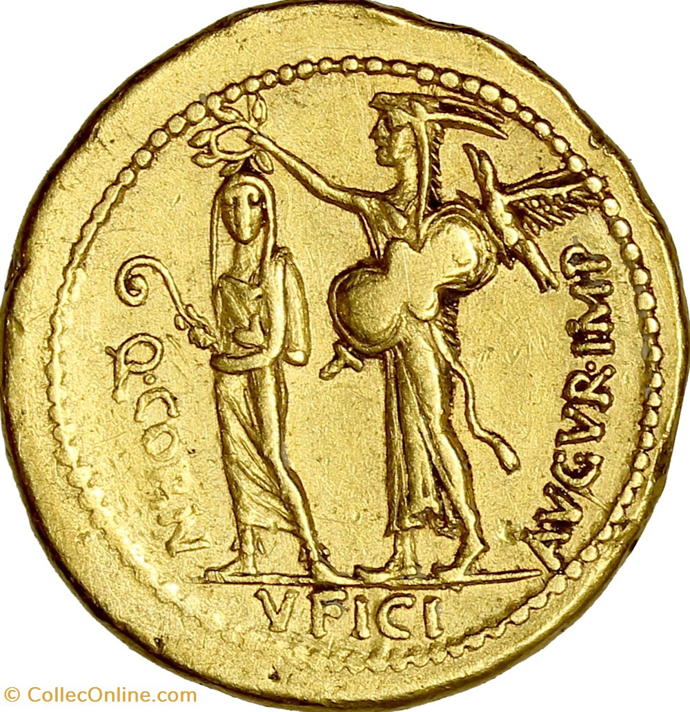 Aureus of Quintus Cornuficius, 42 AC., African mint monnaies antiques romaines imperiales et republicaines aureus of quintus cornuficius 42 ac african mint