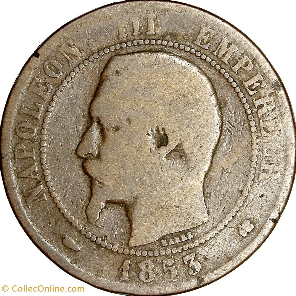 Dix centimes, tête nue, Napoléon III, 1853, feuille horizontale, Bordeaux monnaies monde france dix centimes tete nue napoleon iii 1853 feuille horizontale bordeaux