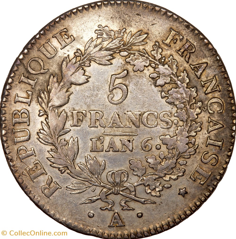 5 francs Union et Force, Union serré, petite feuille à 3 lobes, Directoire, an 6, Paris monnaies monde france 5 francs union et force union serre petite feuille a 3 lobes directoire an 6 paris