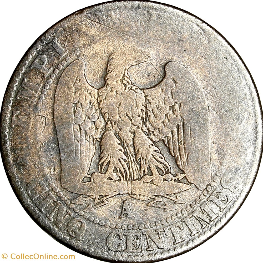 Cinq centimes, tête nue, Napoléon III, 1855, ancre, Paris monnaies monde france cinq centimes tete nue napoleon iii 1855 ancre paris