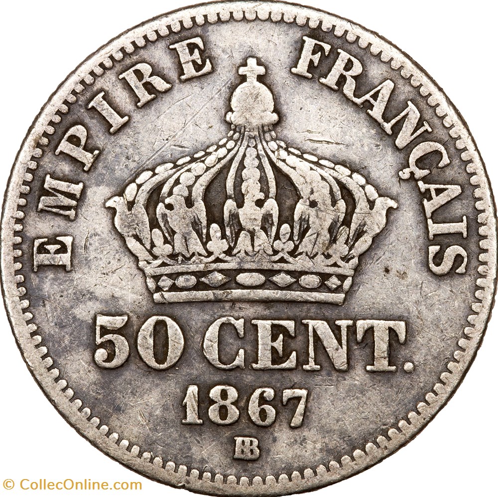 50 centimes, tête laurée, Napoléon III, 1867, BB normal, différent décalé, Strasbourg monnaies monde france 50 centimes tete lauree napoleon iii 1867 bb normal different decale strasbourg