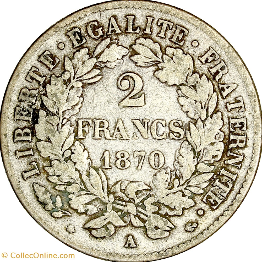2 francs Cérès, avec légende, IIIe République, 1870, A moyen, Paris monnaies monde france 2 francs ceres avec legende iiie republique 1870 a moyen paris