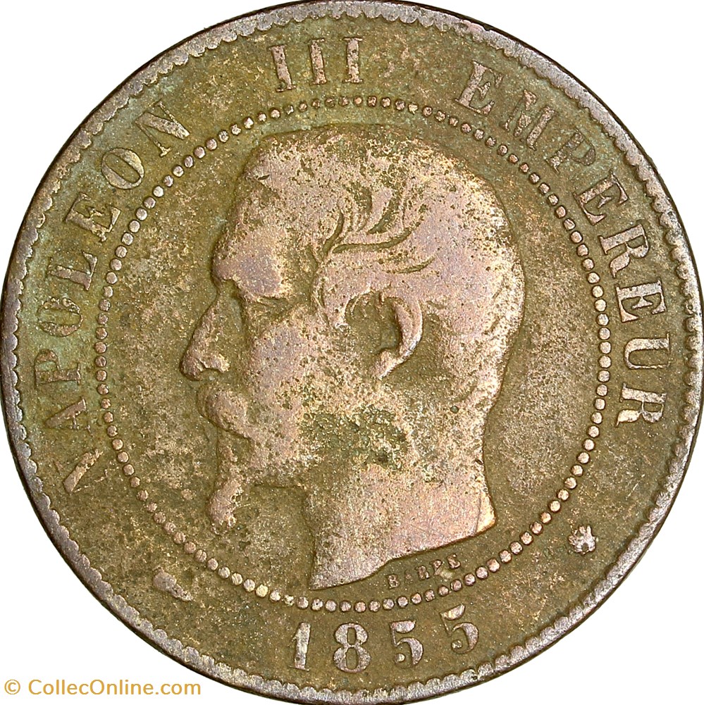 Dix centimes, tête nue, Napoléon III, 1855, chien, Marseille monnaies monde france dix centimes tete nue napoleon iii 1855 chien marseille