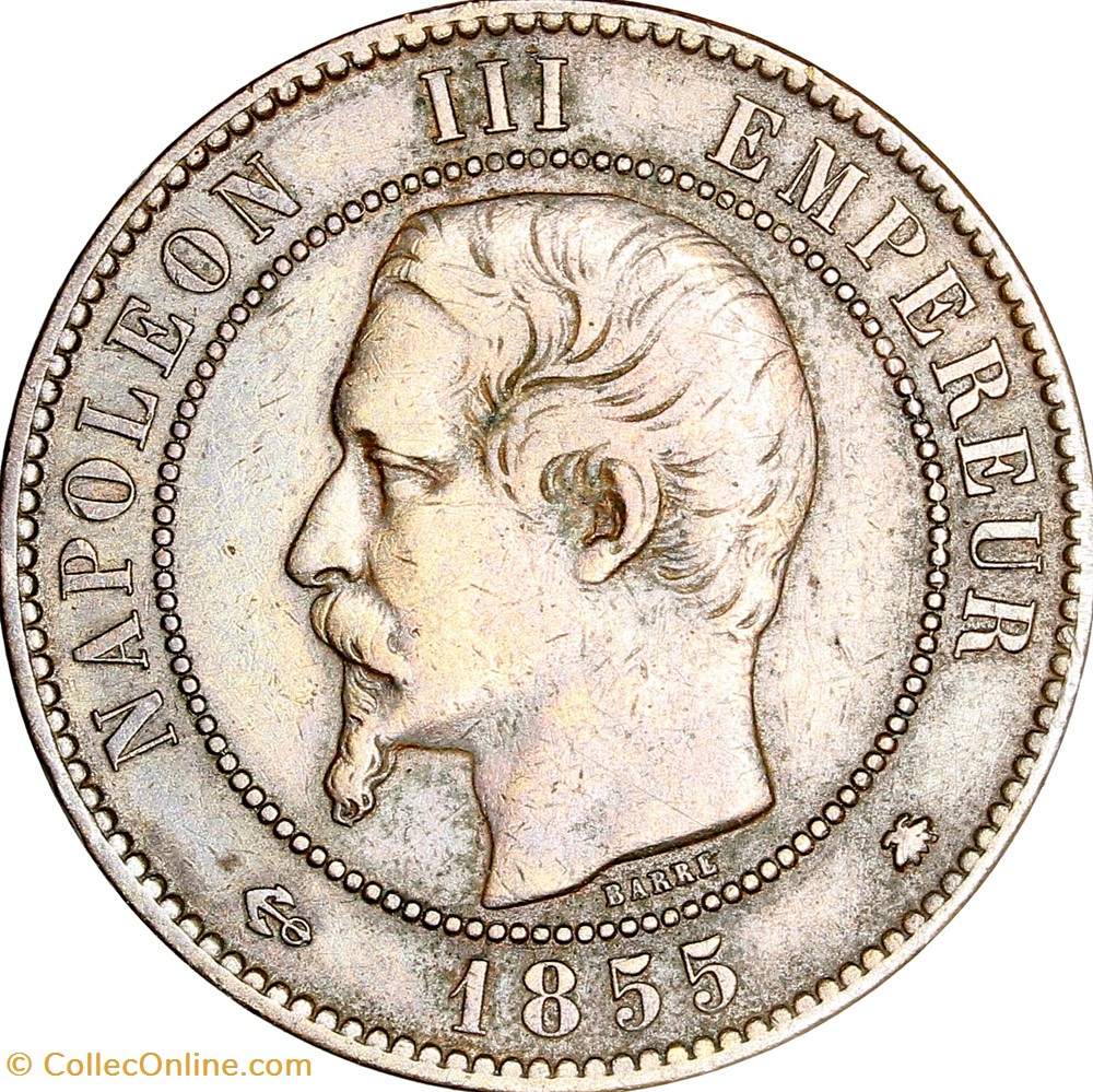 Dix centimes, tête nue, Napoléon III, 1855, ancre, Strasbourg monnaies monde france dix centimes tete nue napoleon iii 1855 ancre strasbourg