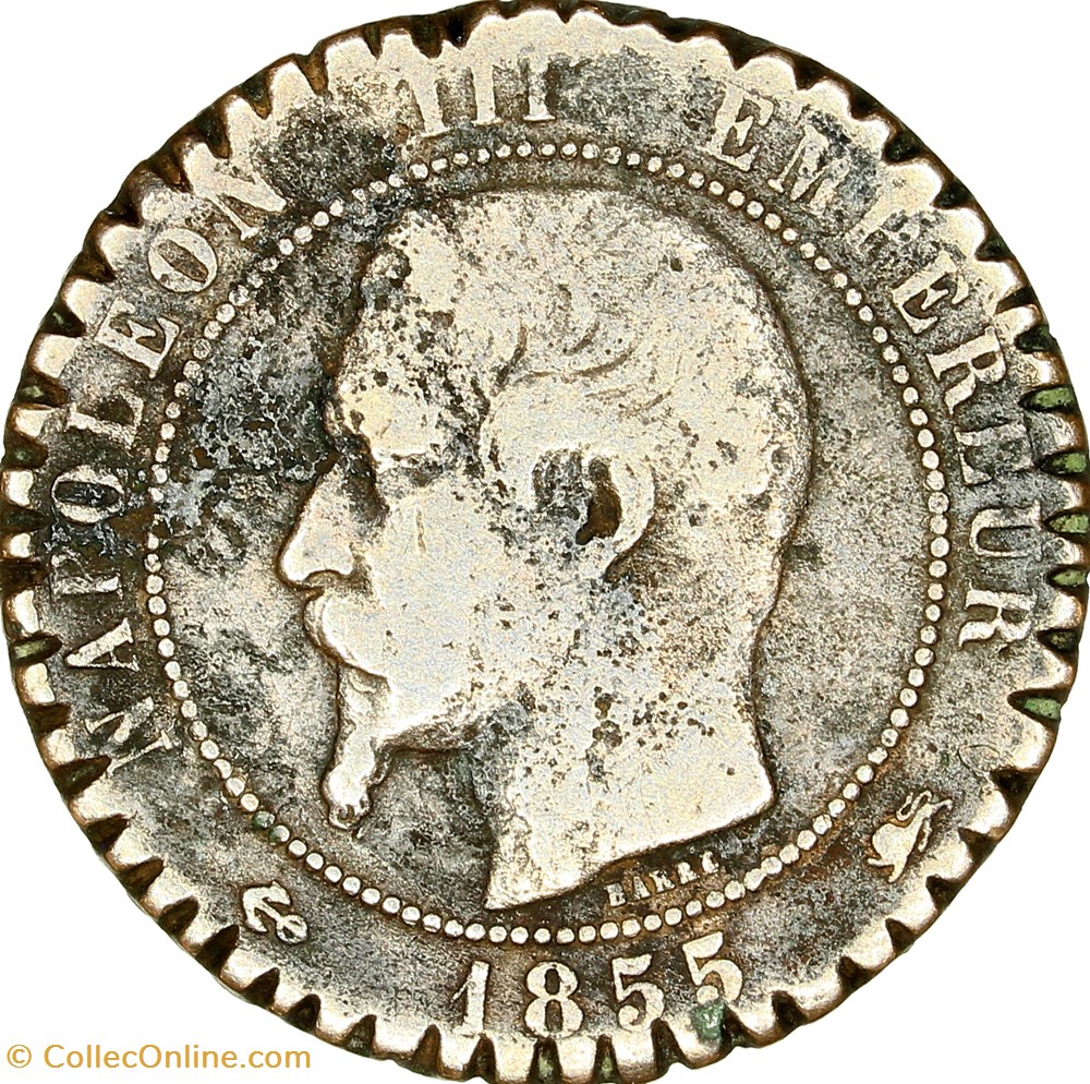 Dix centimes, tête nue, Napoléon III, 1855, ancre, Lyon, monnaie de bagnard monnaies monde france dix centimes tete nue napoleon iii 1855 ancre lyon monnaie de bagnard