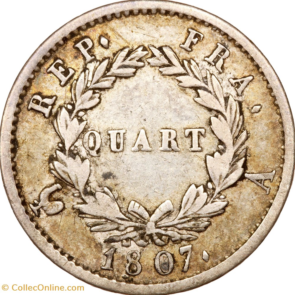 Quart de franc, tête laurée, République, Napoléon Ier, 1807, Paris monnaies monde france quart de franc tete lauree republique napoleon ier 1807 paris