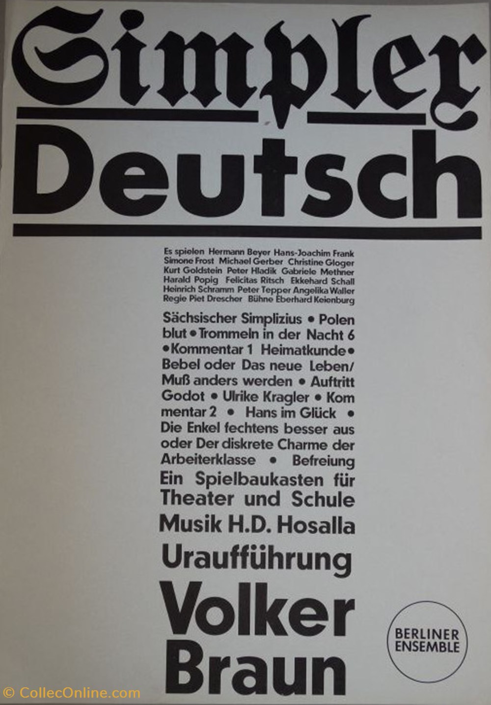 Berliner Ensemble, Simpler Deutsch (1980) documents anciens affiches spectacle berliner ensemble simpler deutsch 1980