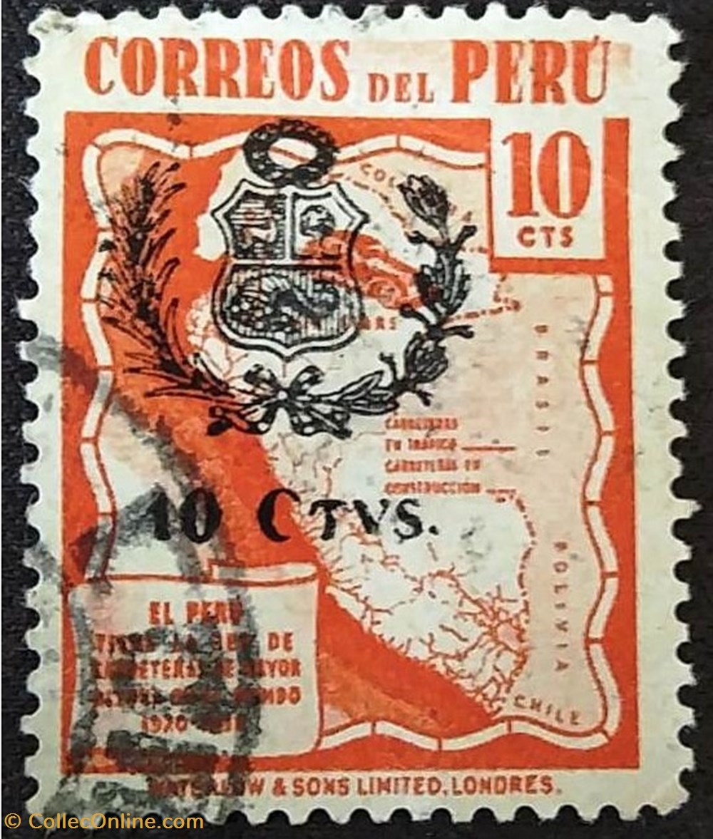 MAPA DE CARRETERAS DEL PERÚ. Vermelho 10 Cts (Brasão) -WATERLOW AND SONS LIMITED LONDRES (Peru 1943) selos europa italy mapa de carreteras del peru vermelho 10 cts brasao waterlow and sons limited londres peru 1943