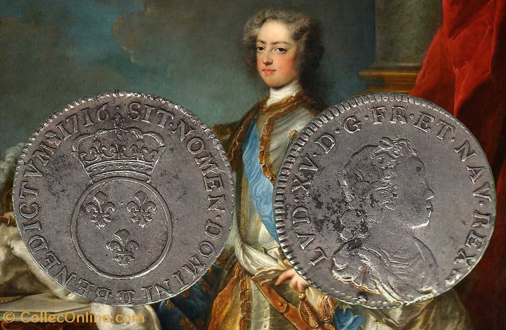 Dixième d'écu Vertugadin 1716 flan réformé Louis XV monnaies europe medievale france royales dixieme ecu vertugadin 1716 flan reforme louis xv