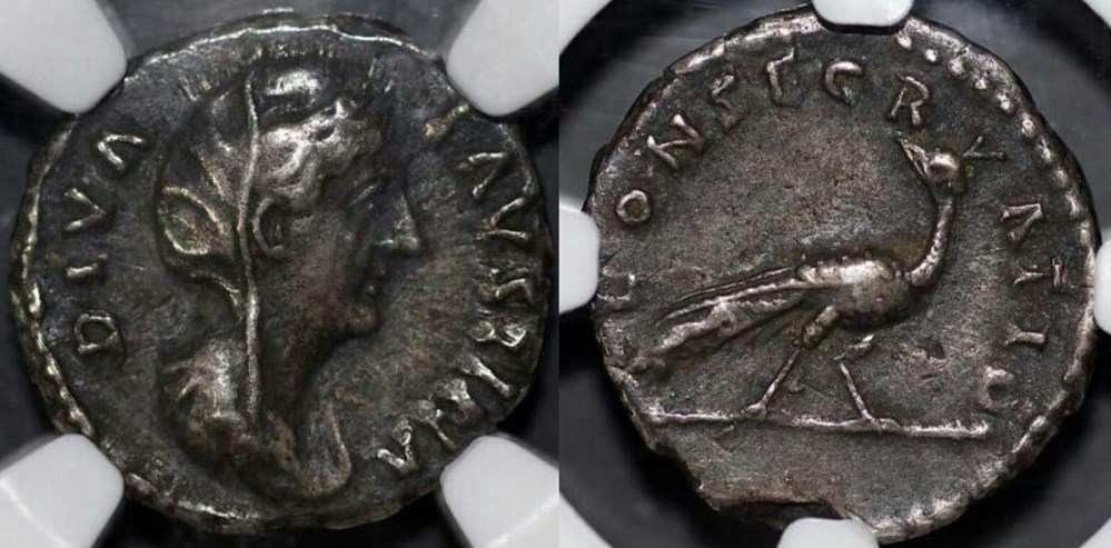 Silver Denarius of Empress Faustina Sr. Peacock standing on reverse. coins ancient to romans imperial republican silver denarius of empress faustina sr peacock standing on reverse