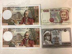 4 billets de banque dont 2 x 100 francs numérotés 67114 et 67115 en très bon état.